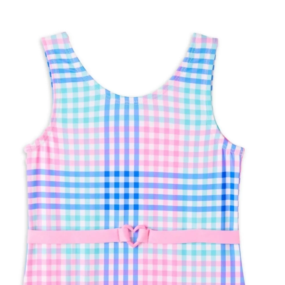Gingham One-Piece Swimsuit Pink Platinum Size 10 /12 & Free Pair Of Swim Goggles